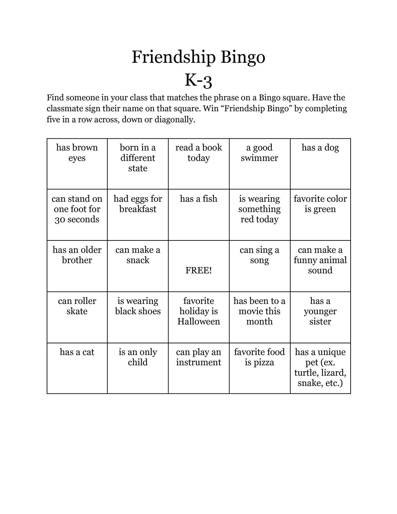 Meet New Friends Bingo Game